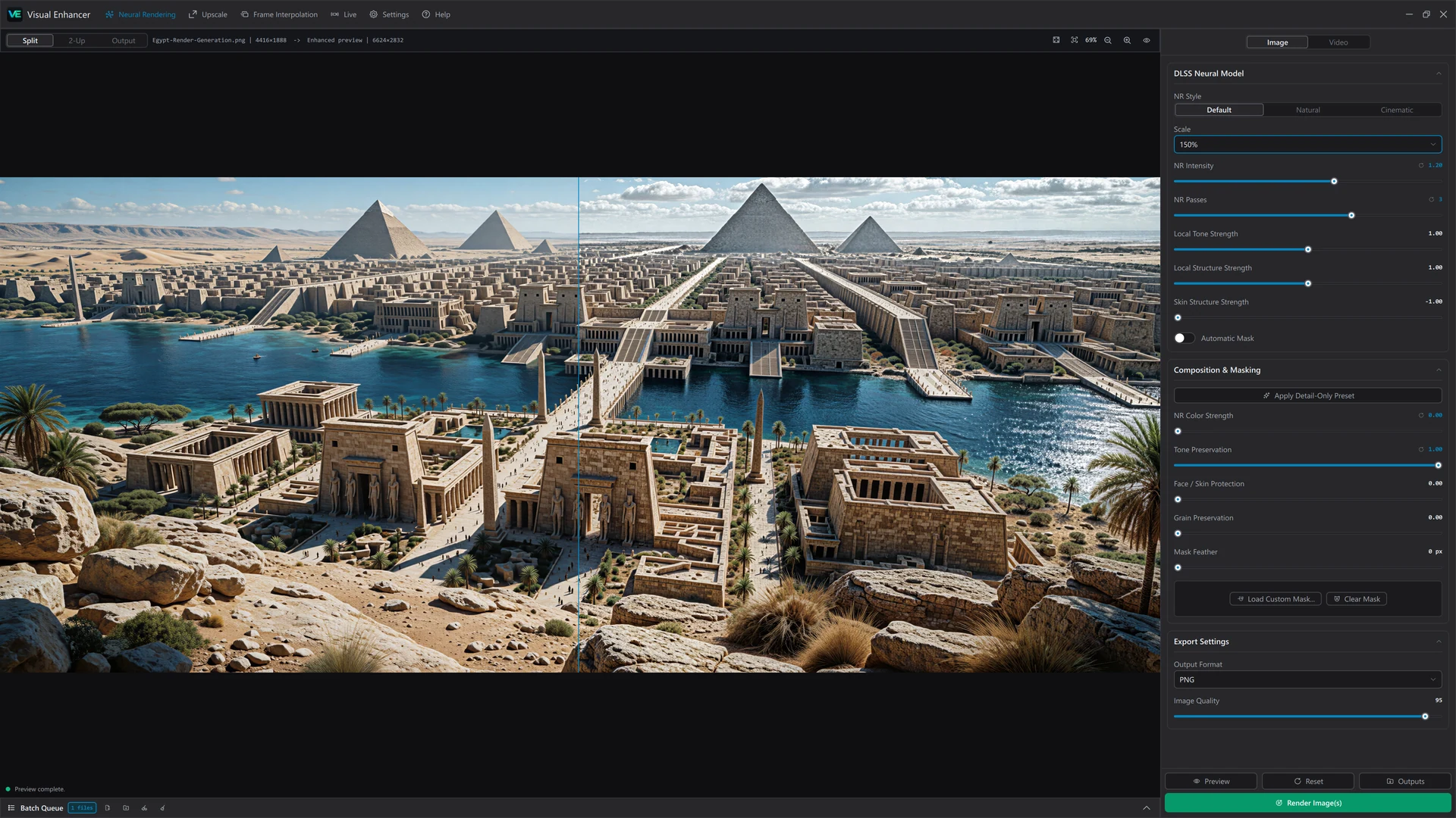 Visual Enhancer with an Egypt scene in Split comparison view and enhancement controls on the right