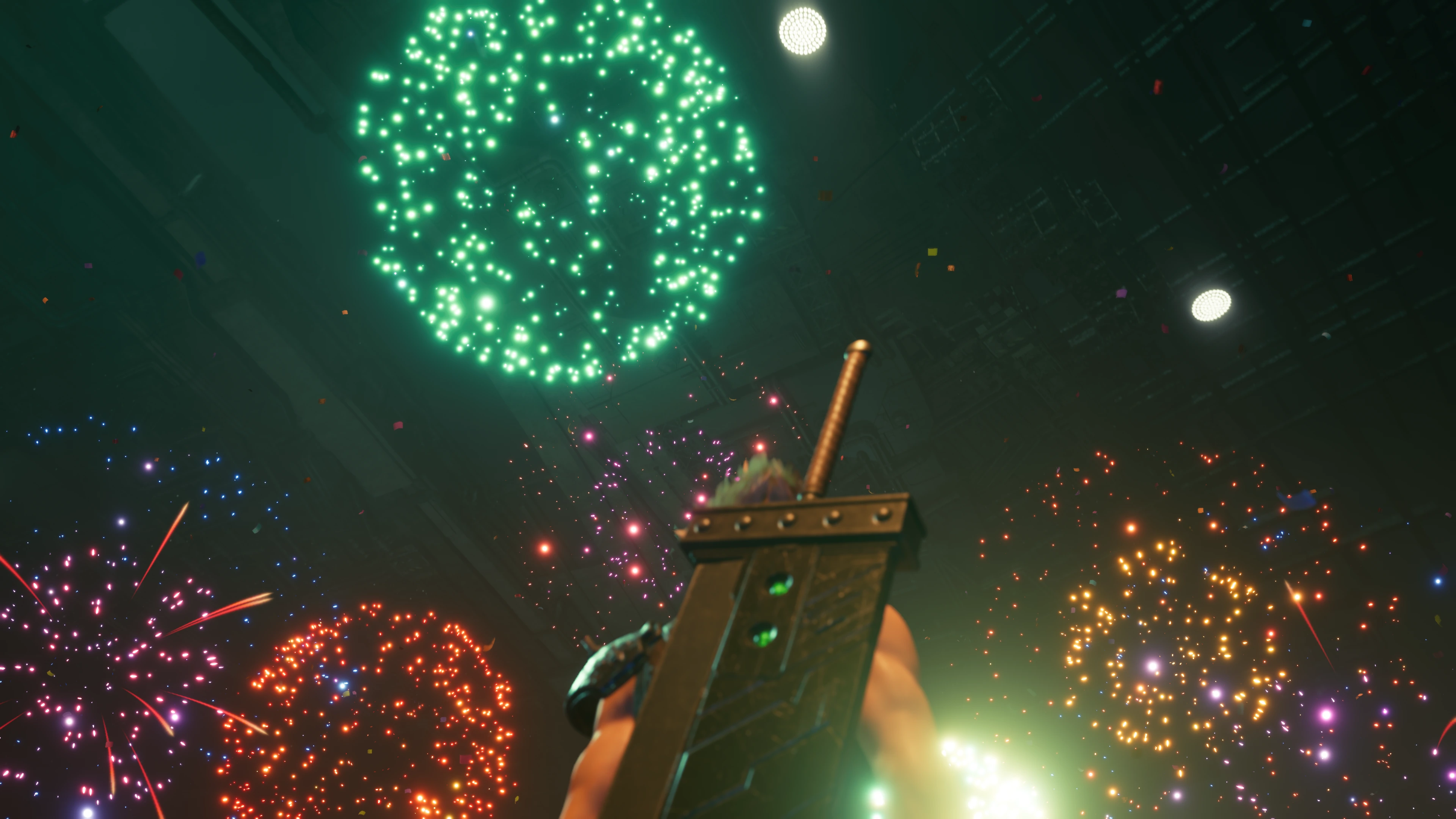 Original: Colorful fireworks illuminating a dark indoor scene