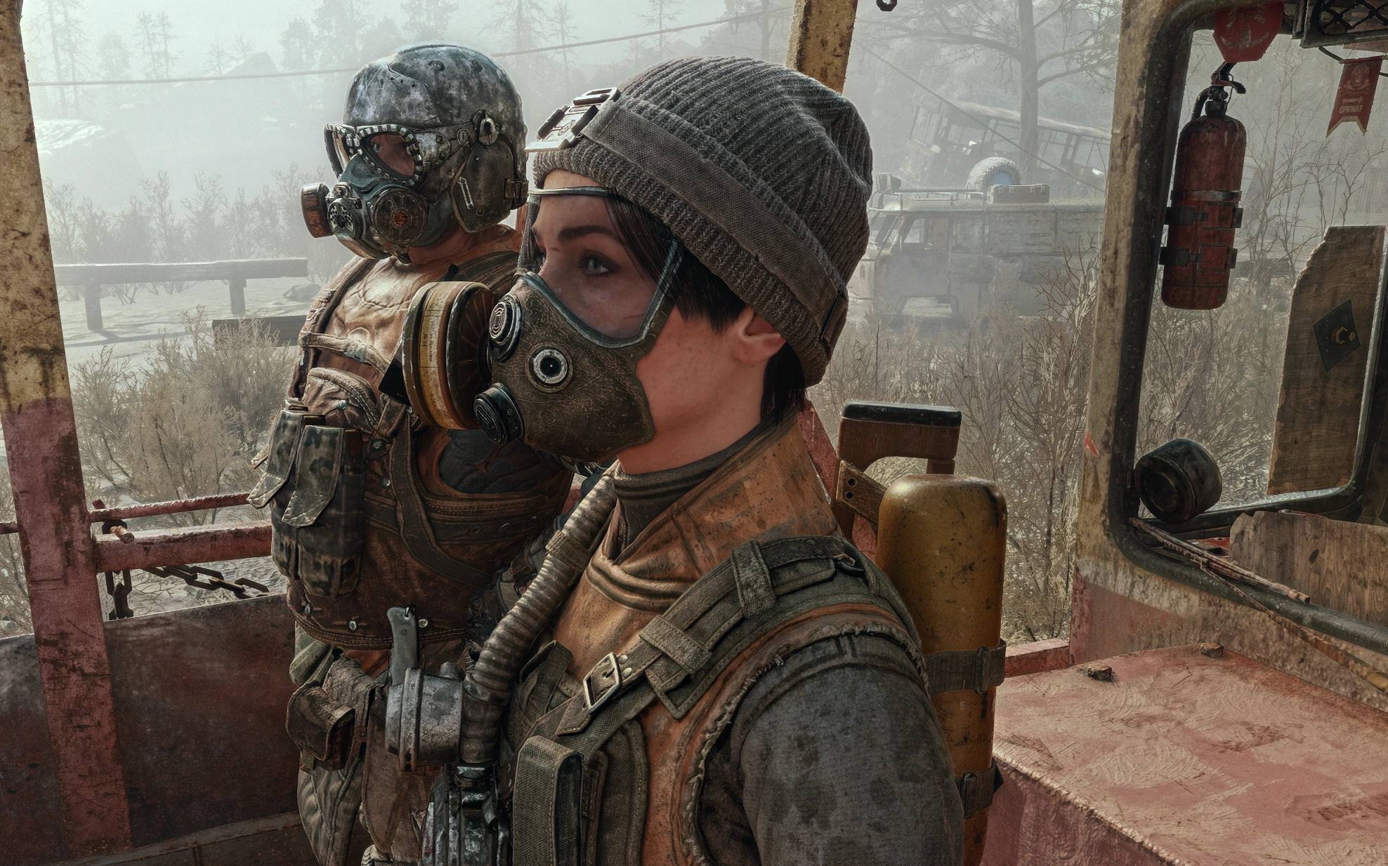Enhanced: Characters on a weathered train, showing fabric, skin, and metal detail