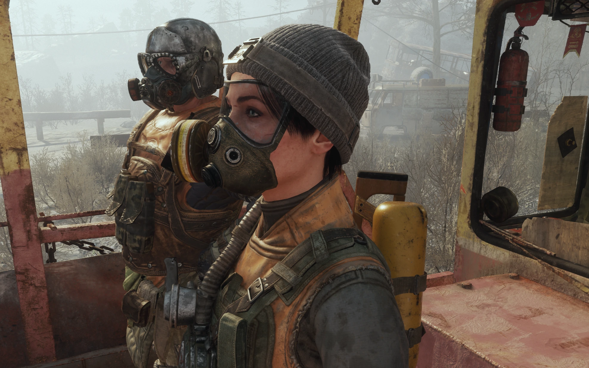 Original: Characters on a weathered train, showing fabric, skin, and metal detail