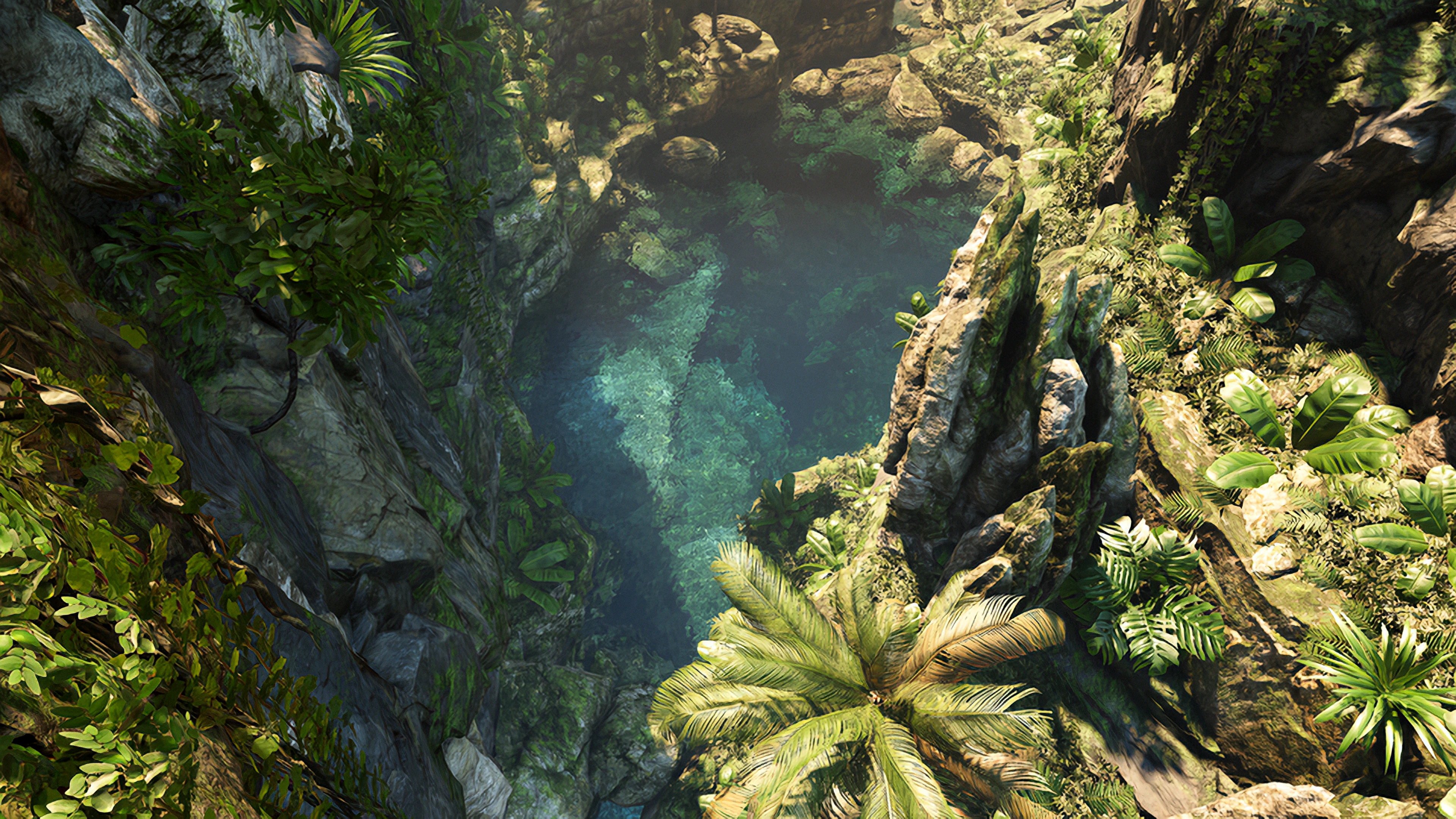 Enhanced: A sunlit tropical canyon with dense foliage, rocky cliffs, and clear blue water