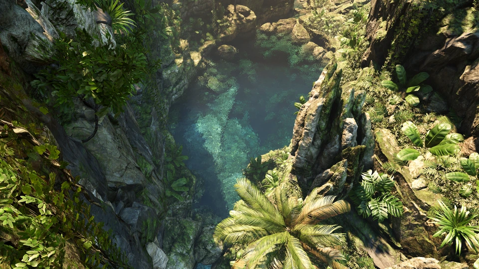 Original: A sunlit tropical canyon with dense foliage, rocky cliffs, and clear blue water